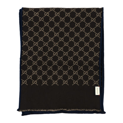 Gucci Wool Silk Monogram GG Scarf Navy Brown 2 of 4