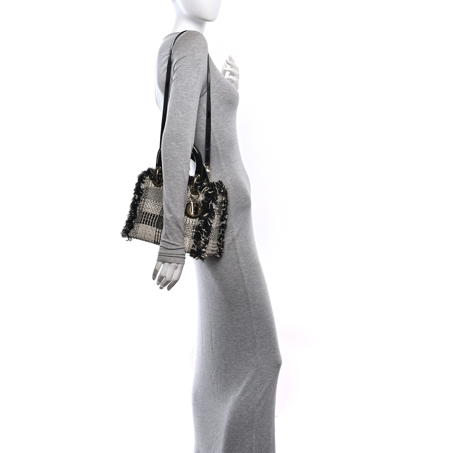 Christian Dior Tweed Fringe Medium Lady Dior White Black 2 of 10