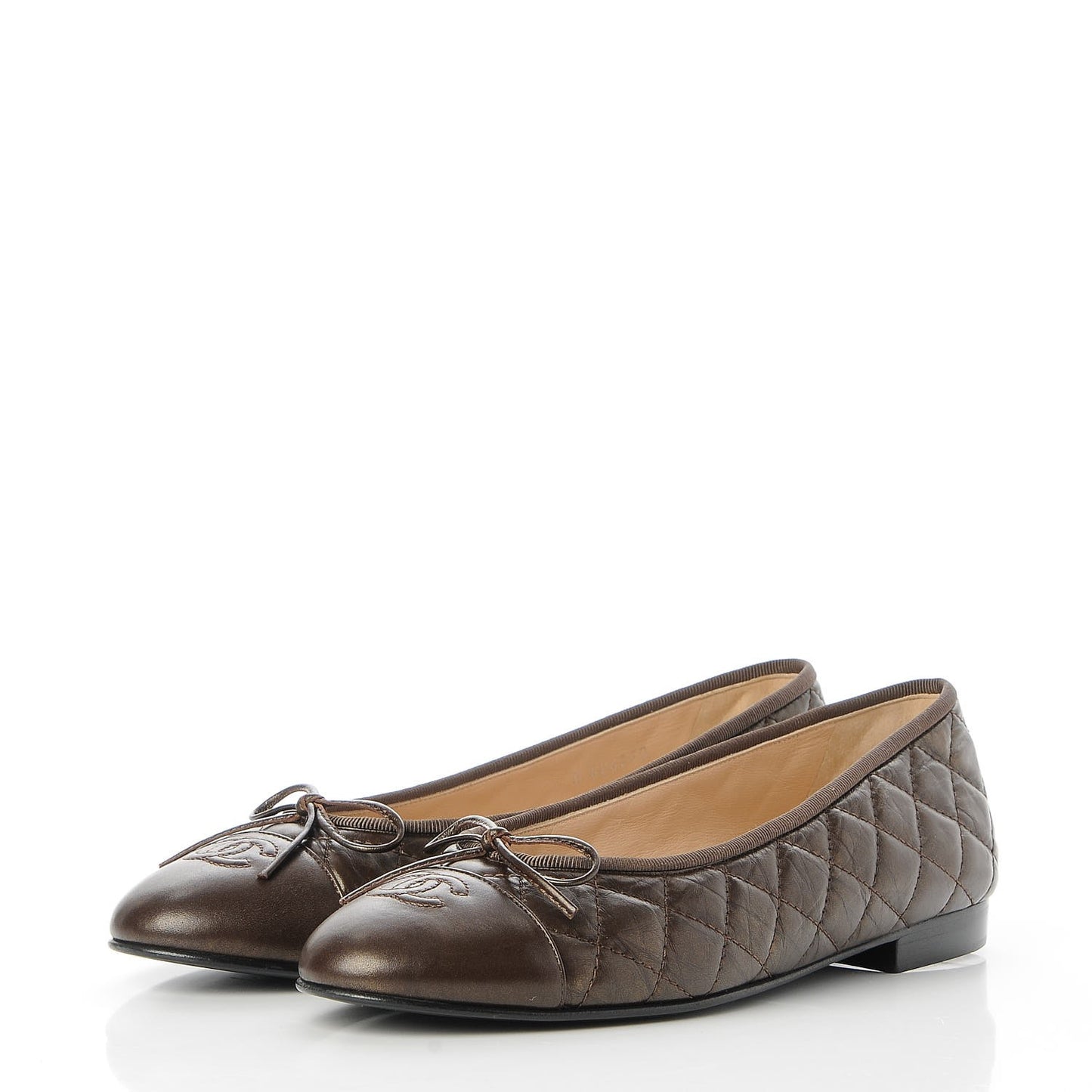 Metallic Aged Calfskin Quilted Cap Toe Ballerina Flats 40 Dark Brown