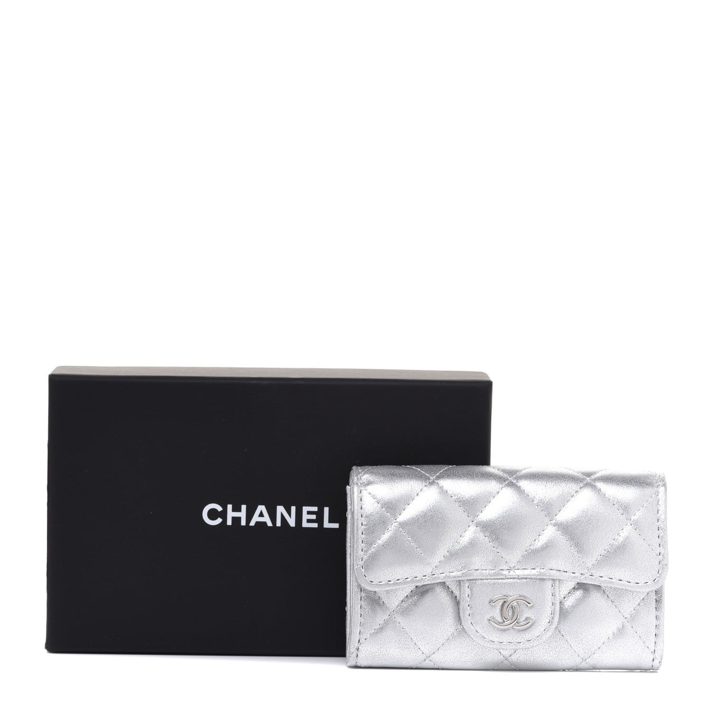 Metallic Lambskin Quilted Flap Card Holder Wallet Silver