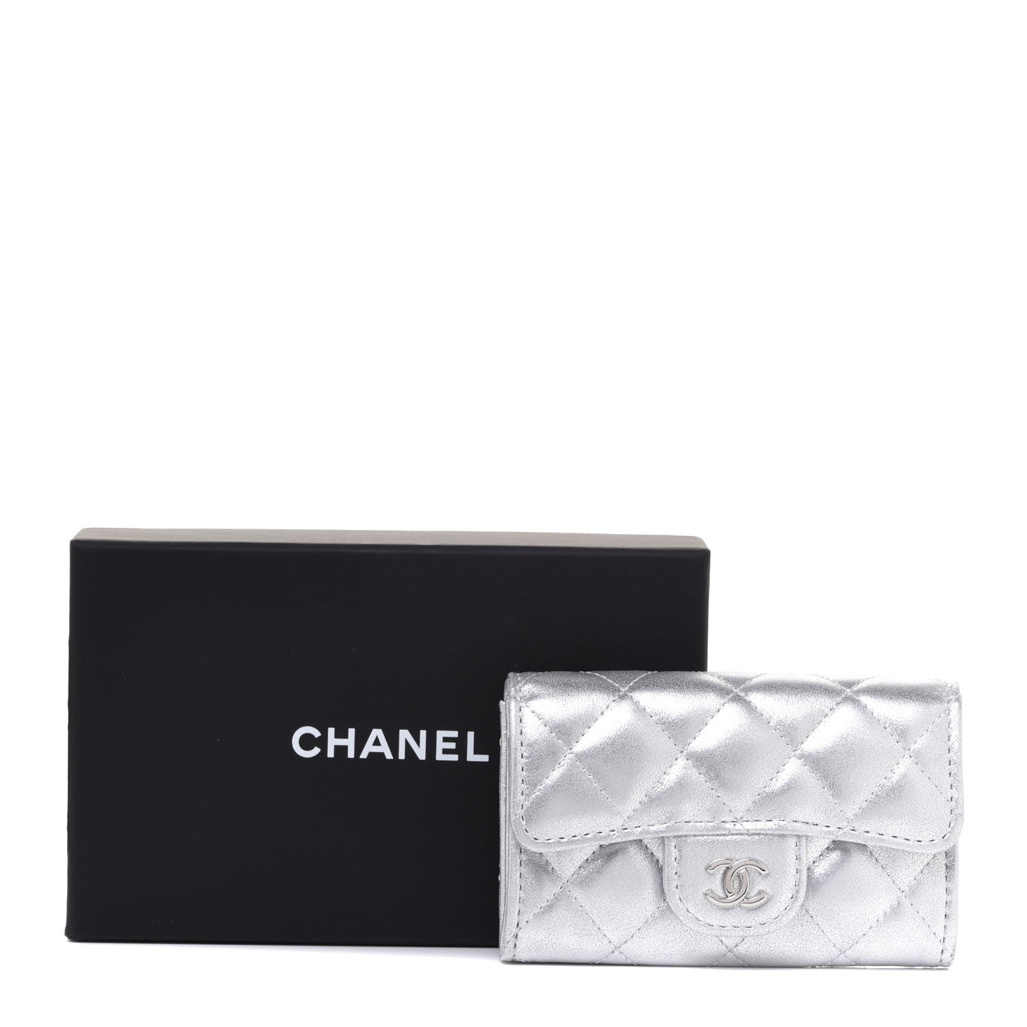 Chanel Metallic Lambskin Quilted Flap Card Holder Wallet Silver 9 of 9