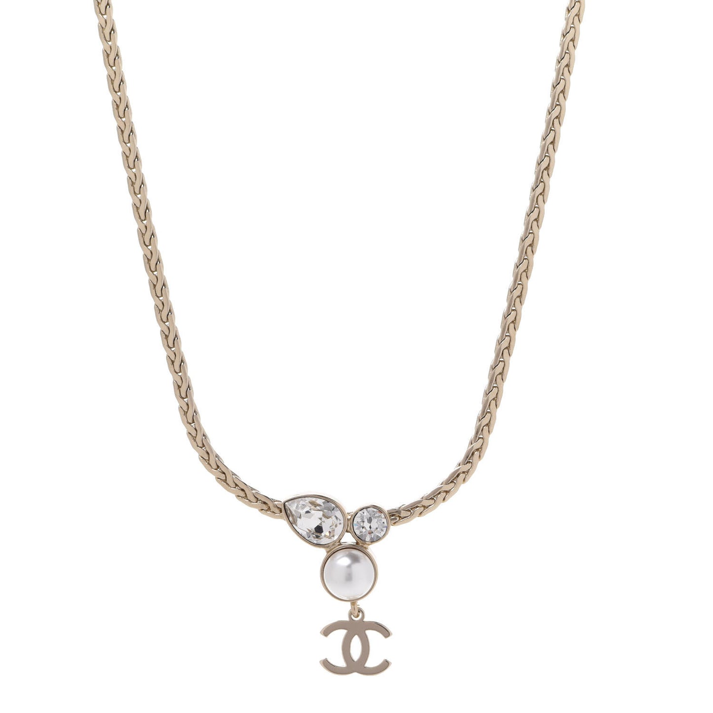 Pearl Crystal CC Teardrop Braided Necklace Gold
