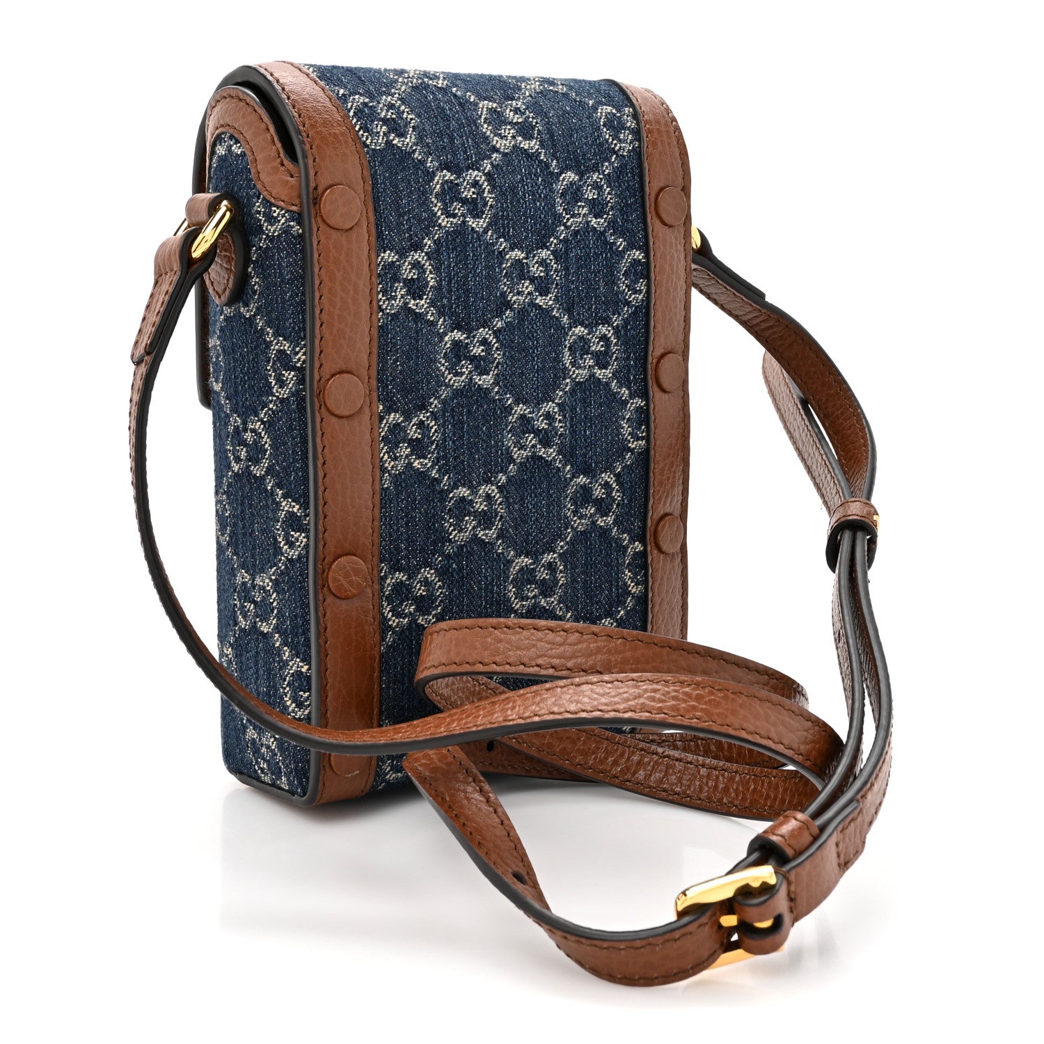 Gucci New Denim GG Monogram Dollar Calfskin Mini Horsebit 1955 Crossbody Bag Blue Tea Cuir Epilog 3 of 11
