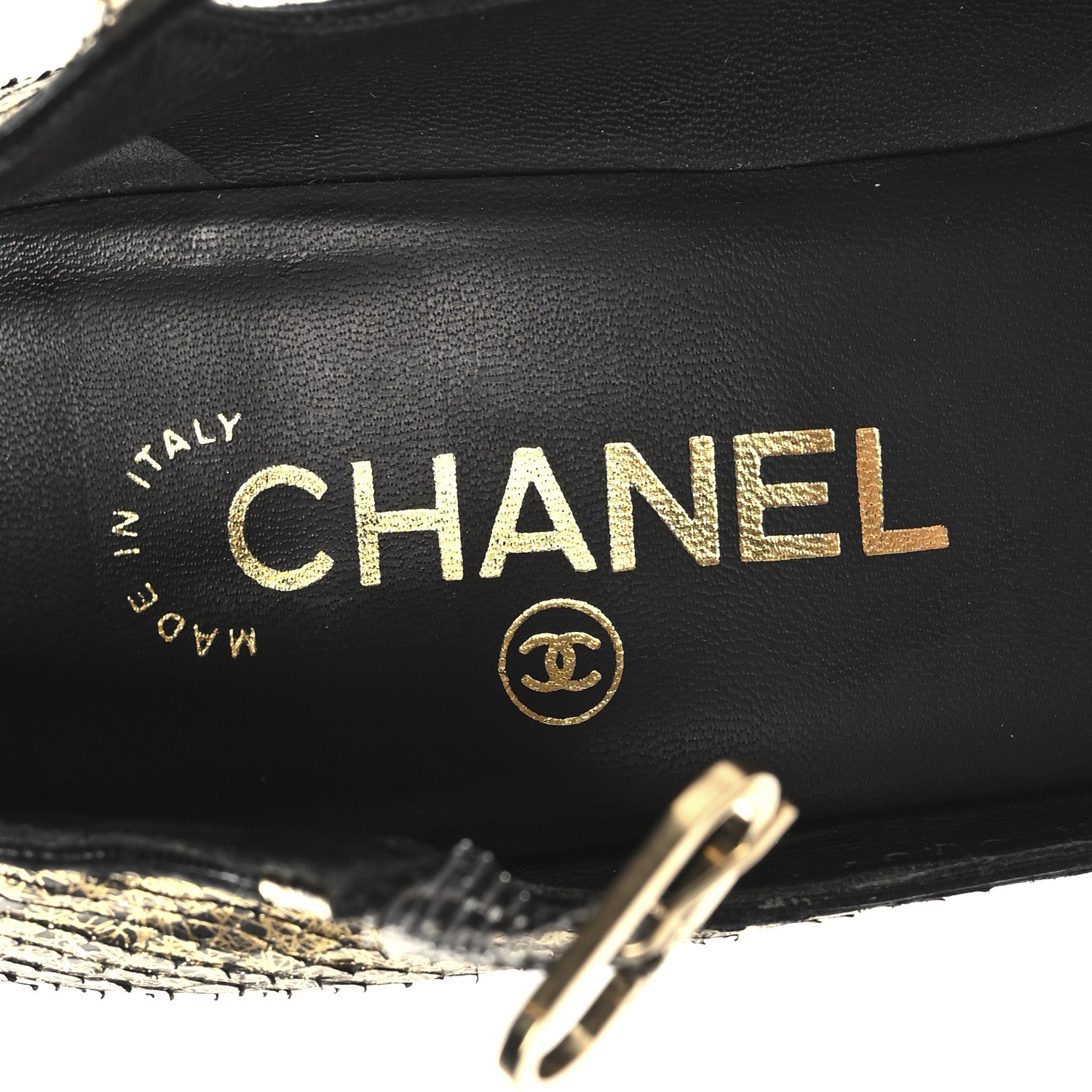 Chanel Metallic Snakeskin Studded CC T-Strap Wedges 37 Gold Black 9 of 11