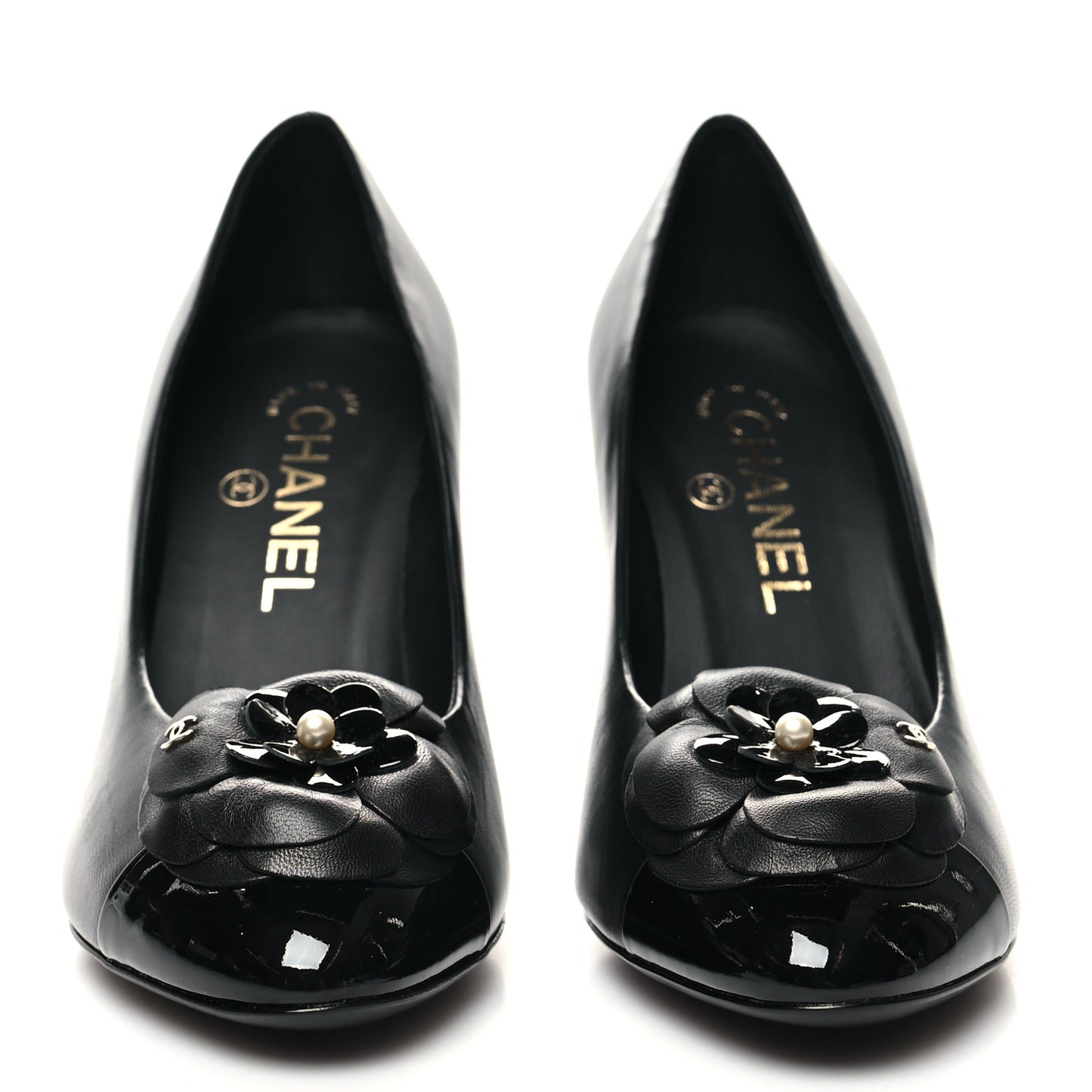 Lambskin Patent Calfskin Cap Toe Camellia Pumps 35.5 Black