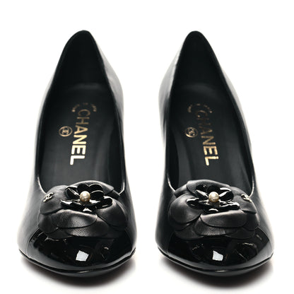 Chanel Lambskin Patent Calfskin Cap Toe Camellia Pumps 35.5 Black 2 of 8