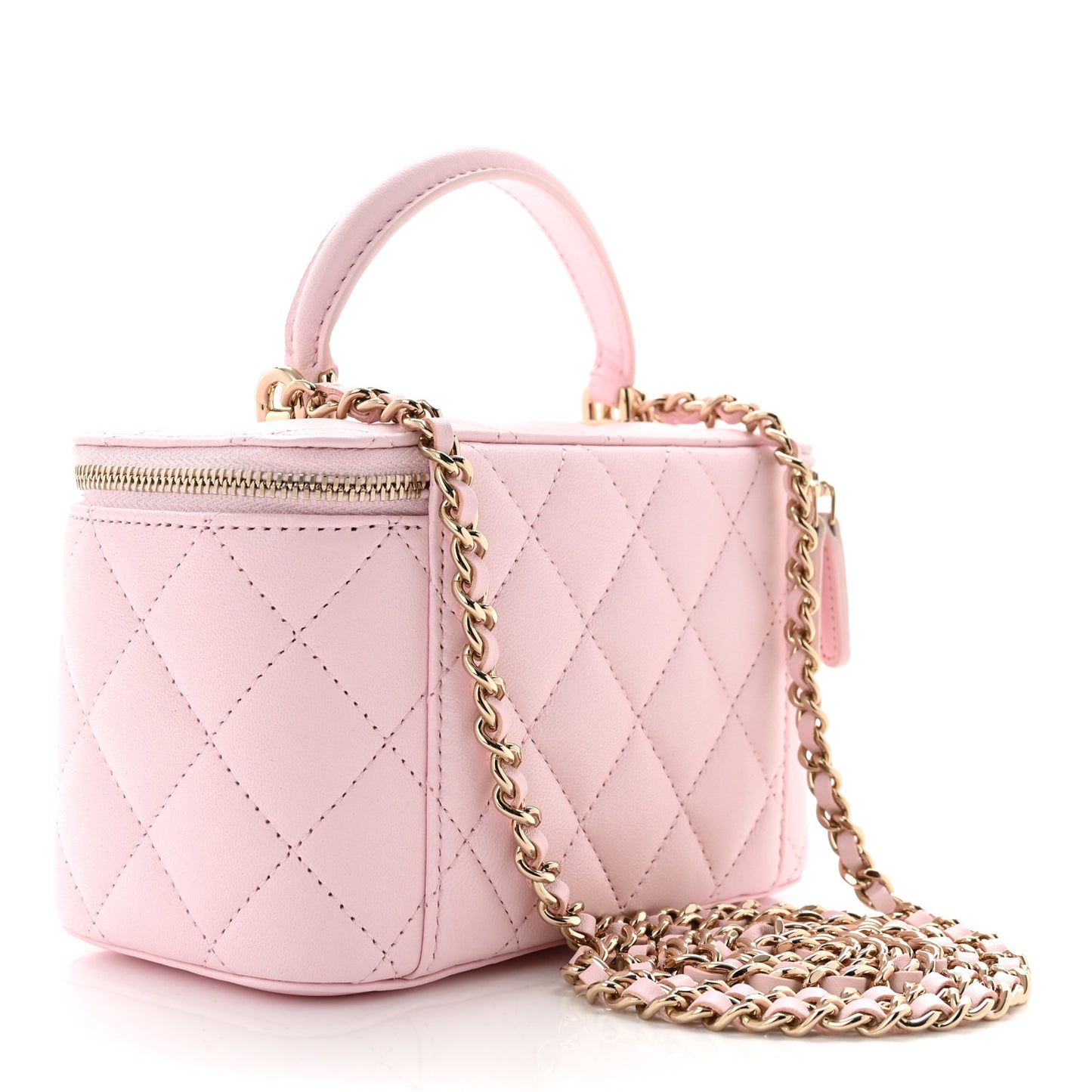 Lambskin Quilted Small Top Handle Vanity Case With Chain Light Pink