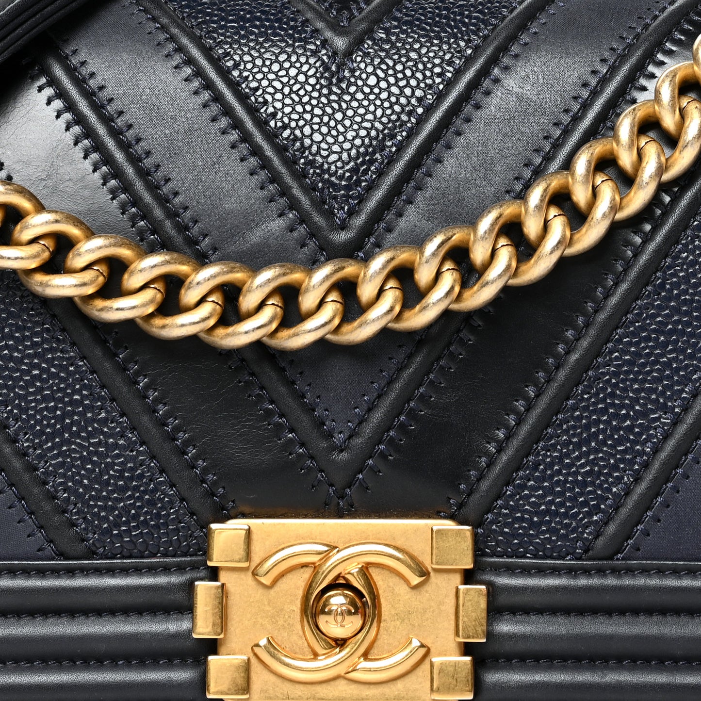 Caviar Suede Calfskin Chevron Medium Boy Flap Navy