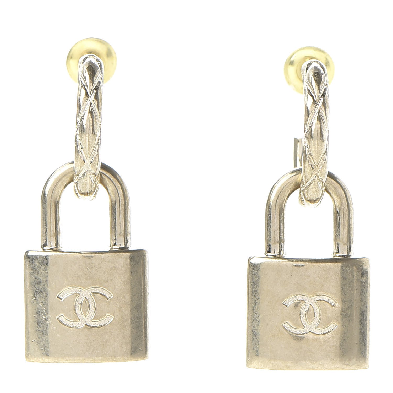 Chanel Metal Lock Drop Earrings Light Gold 1 of 5