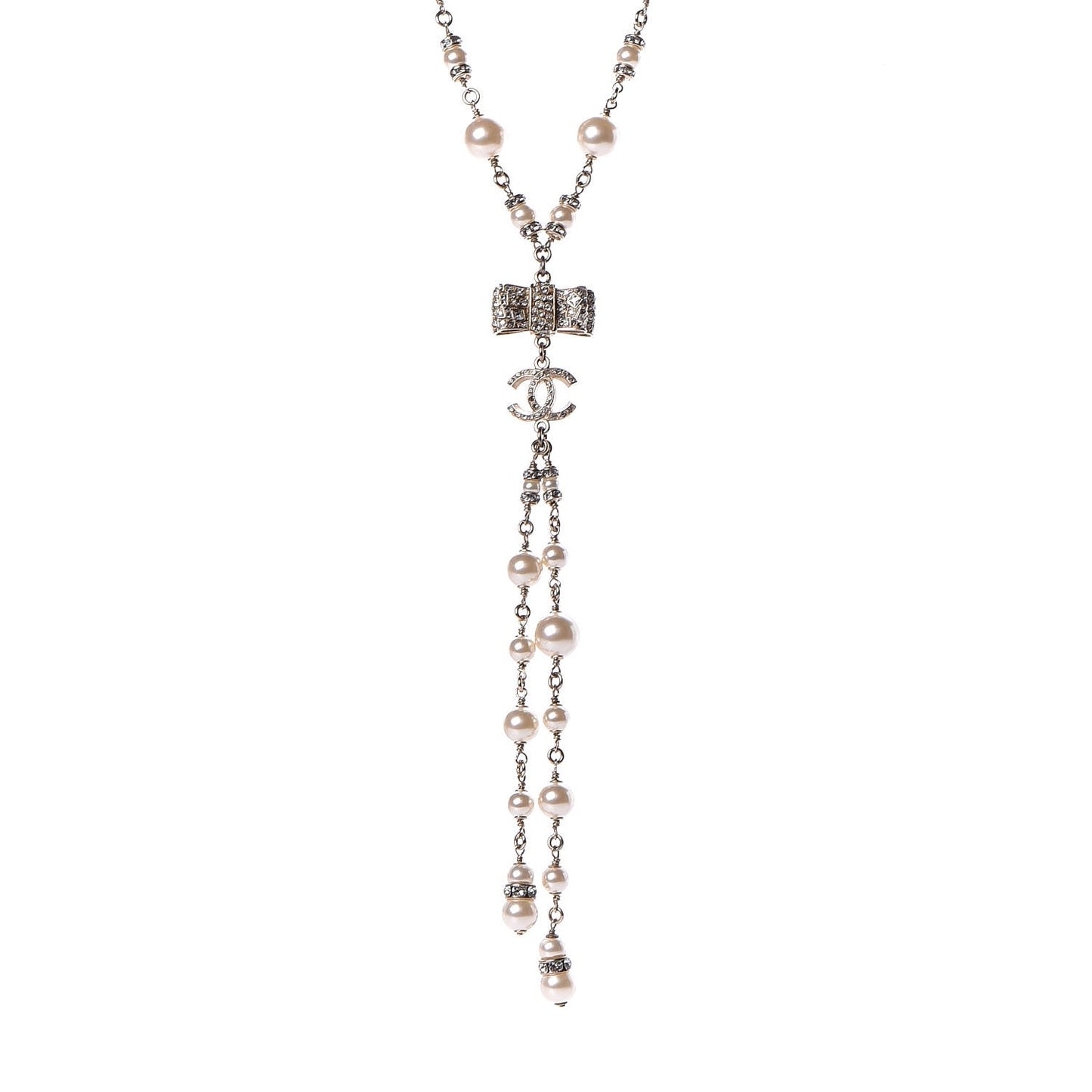 Crystal Pearl CC Bow Necklace Gold