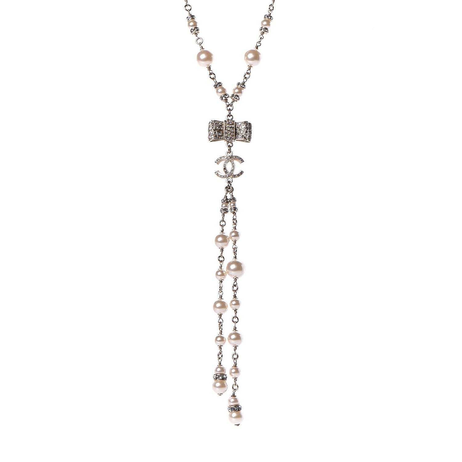 Chanel Crystal Pearl CC Bow Necklace Gold 1 of 7