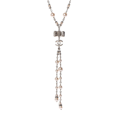 Chanel Crystal Pearl CC Bow Necklace Gold 1 of 7