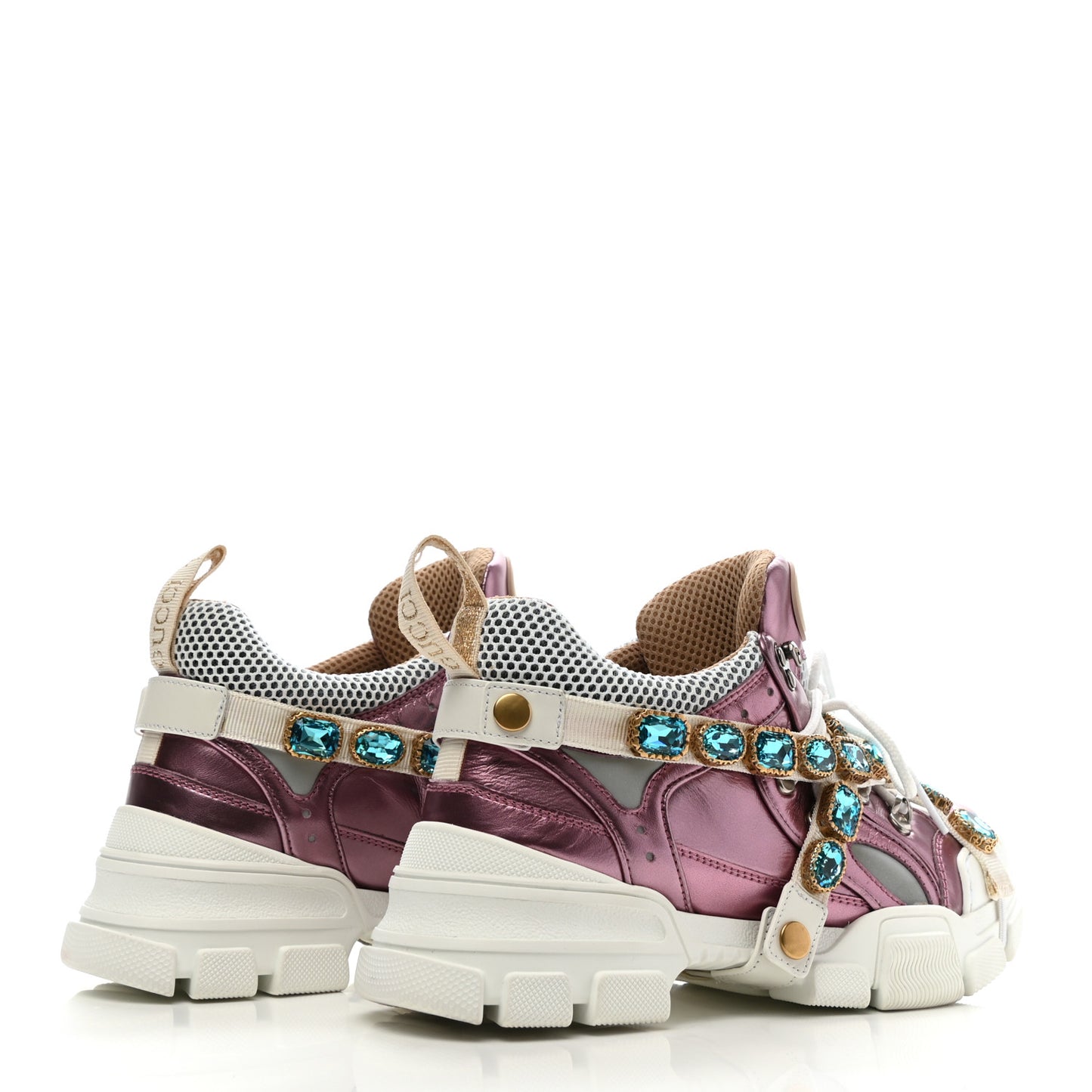 X SEGA Metallic Calfskin Mesh Removable Crystals Womens Flashtrek Sneakers 38.5 Rosa Great White Silver
