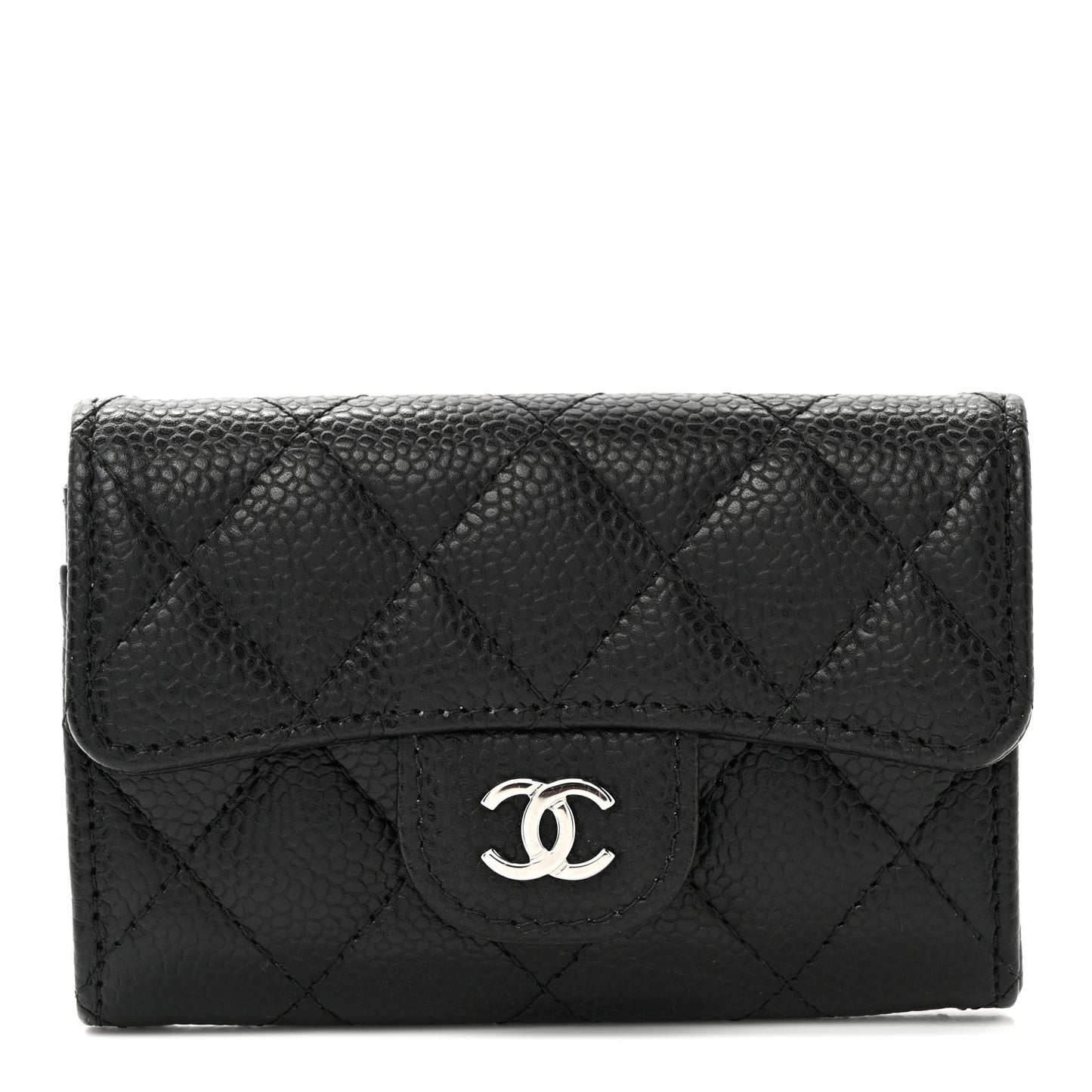 Caviar Quilted Flap Card Holder Wallet Black