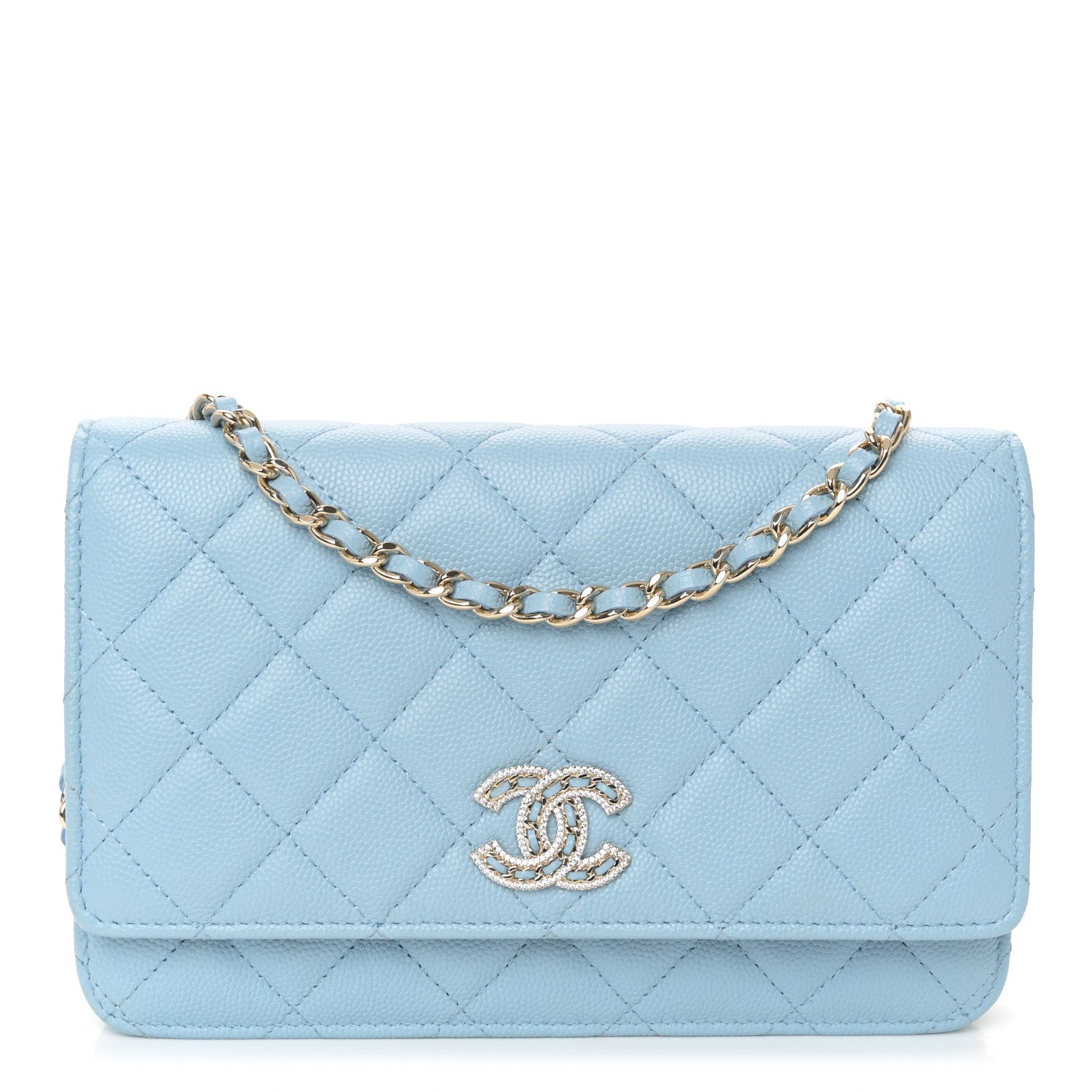 Chanel Caviar Quilted Crystal CC Wallet On Chain WOC Light Blue 1 of 13