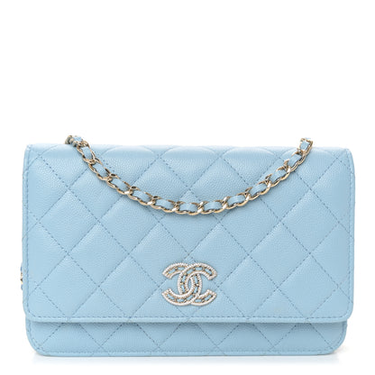 Chanel Caviar Quilted Crystal CC Wallet On Chain WOC Light Blue 1 of 13