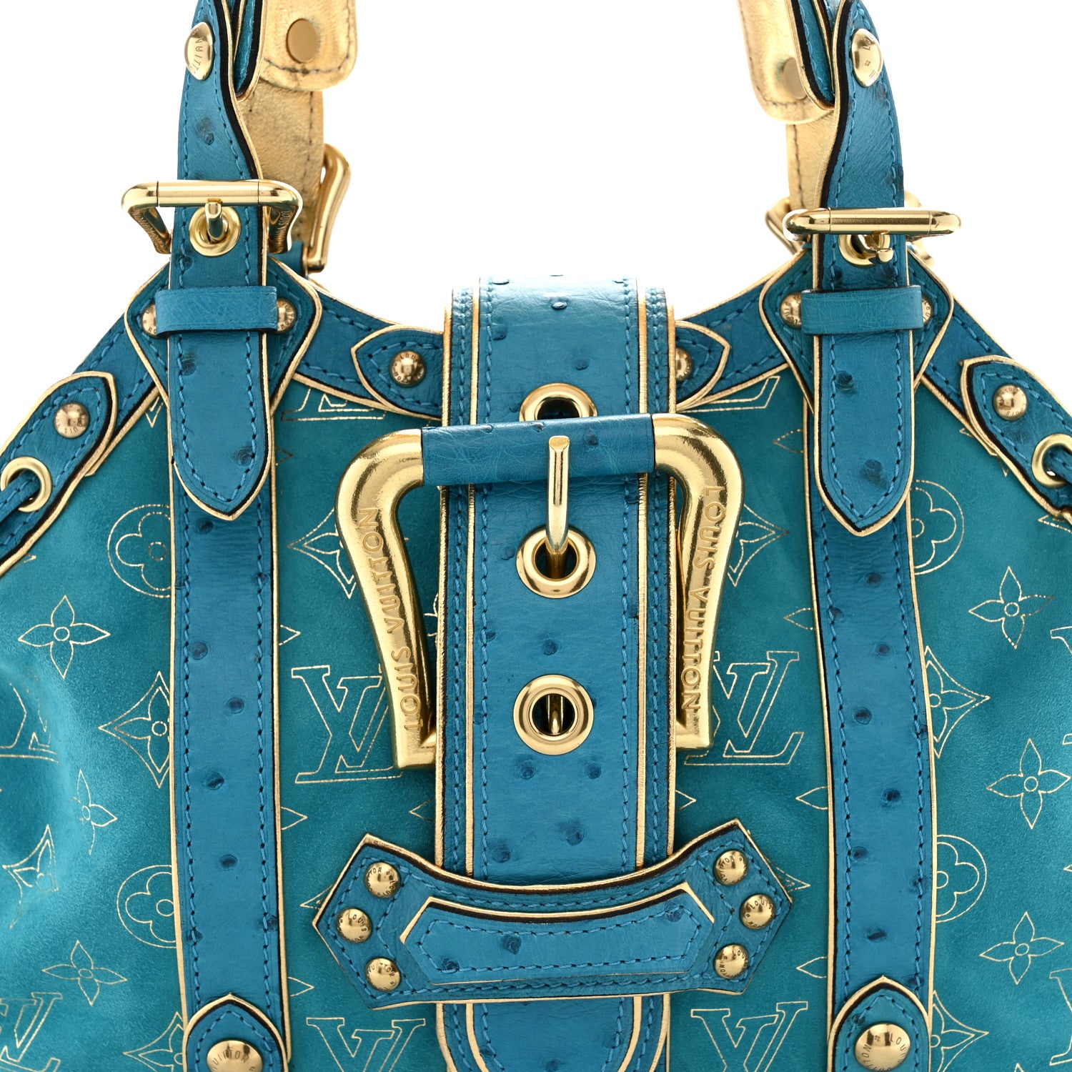Louis Vuitton Monogram Suede Ostrich Theda GM Turquoise 8 of 10