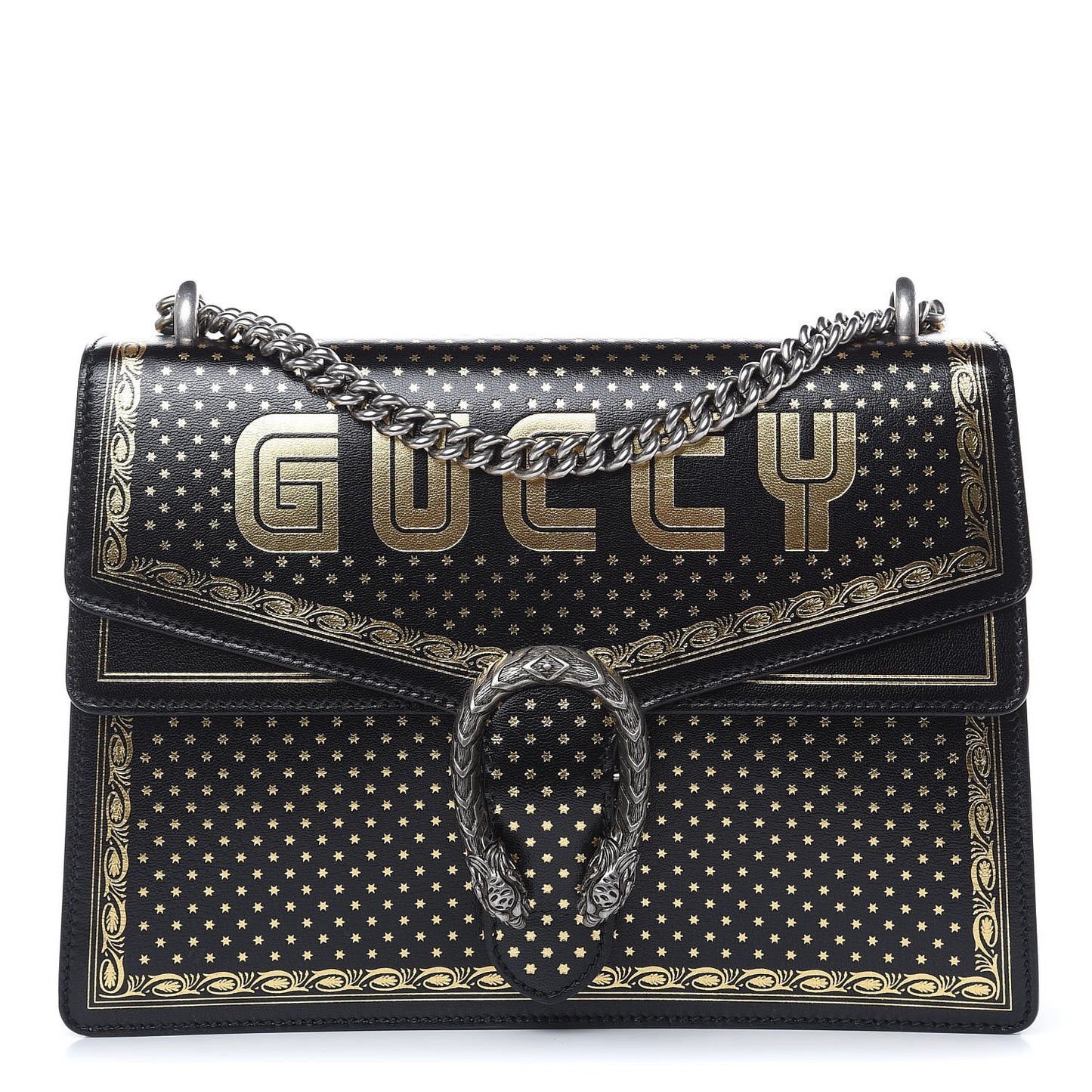 X SEGA Calfskin GUCCY Stars Medium Dionysus Shoulder Bag Black Gold