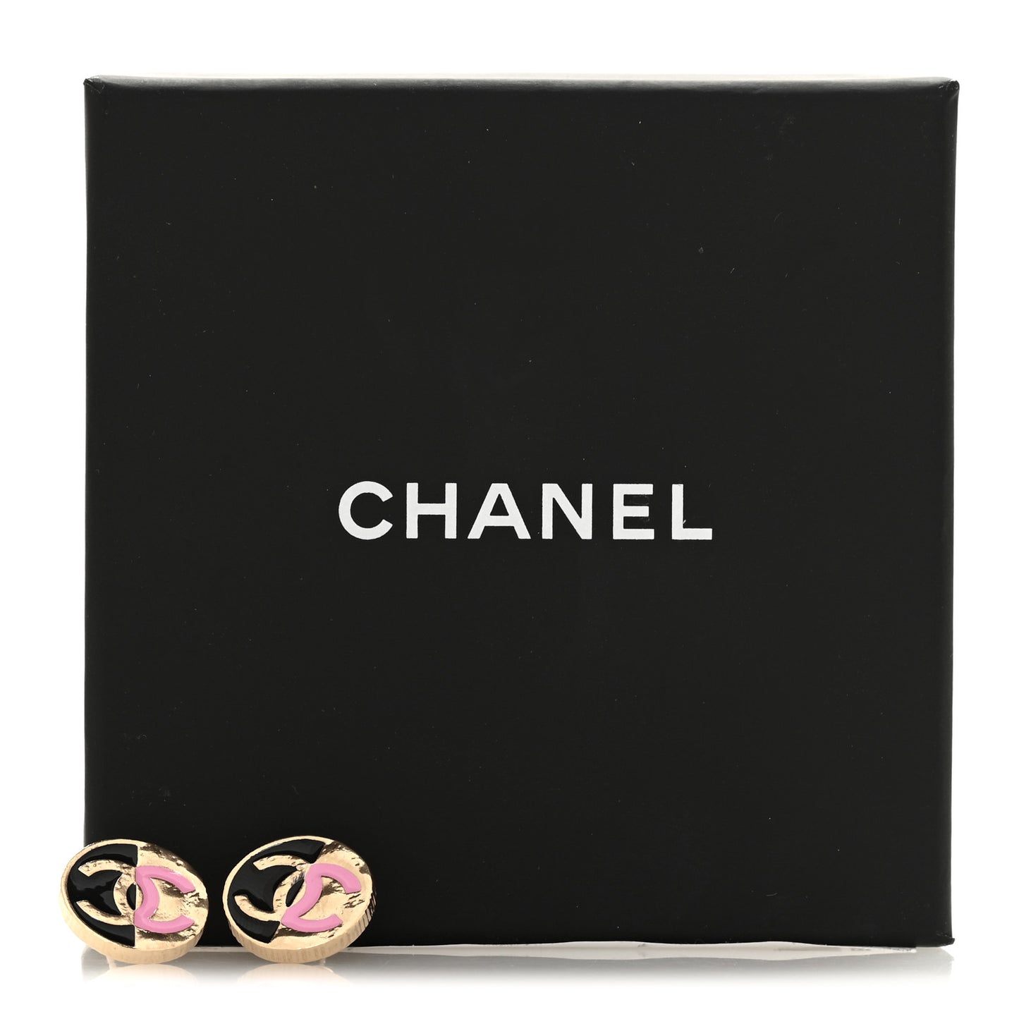 Metal Enamel CC Round Earrings Gold Pink Black