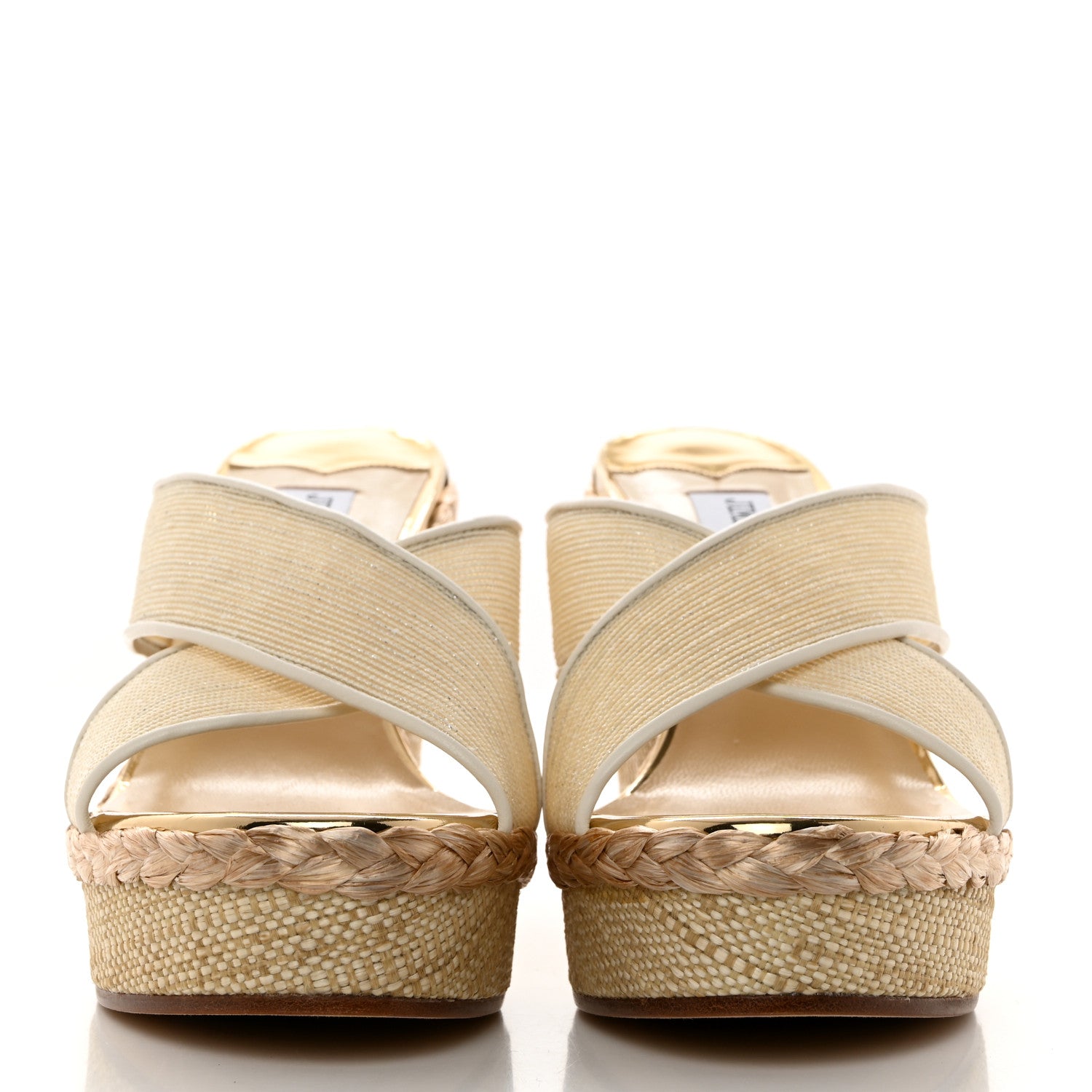 Jimmy Choo Metallic Mesh Raffia Dovina 100 Wedge Sandals 38.5 Latte Gold 2 of 8
