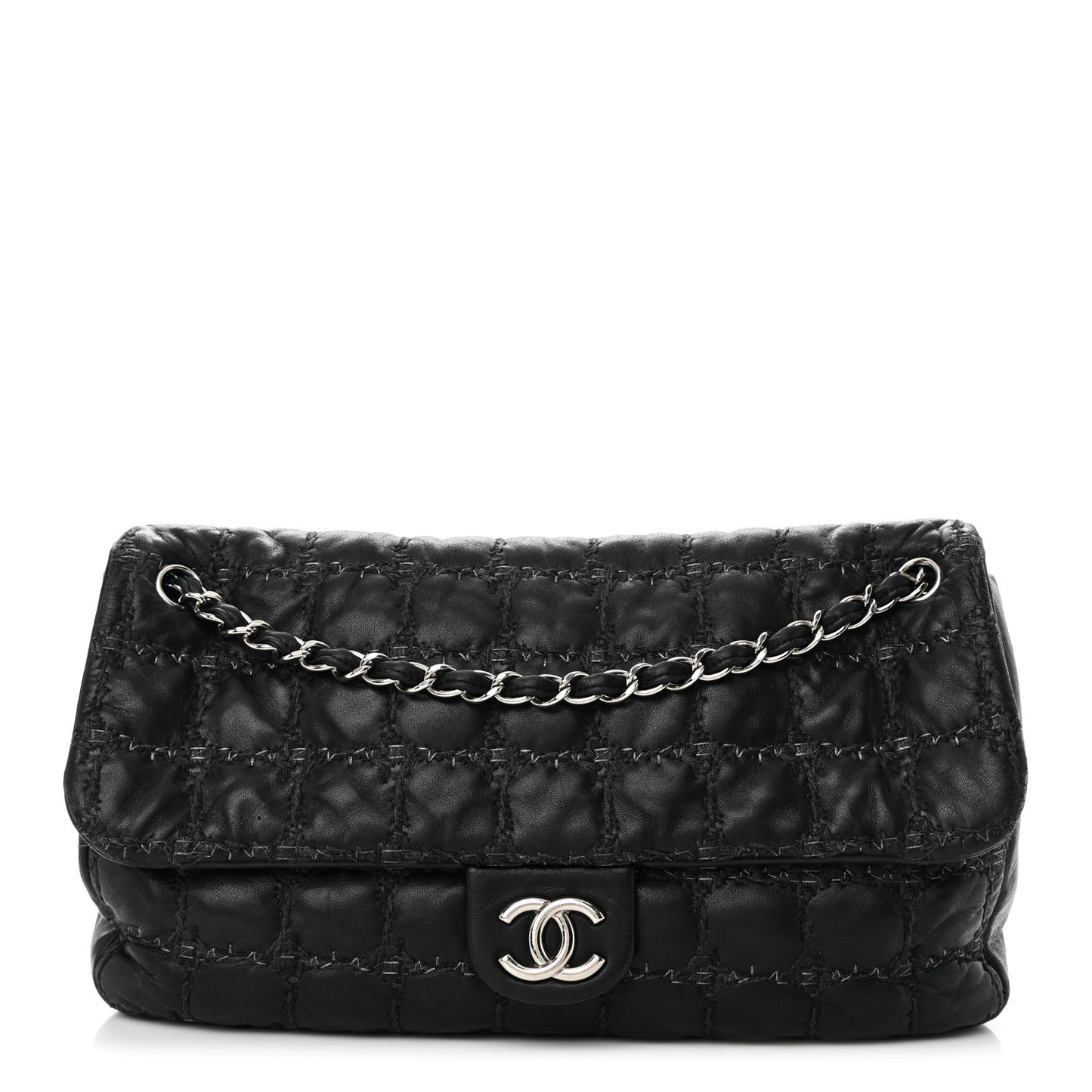 Lambskin Tweed Double Stitch Maxi Flap Black