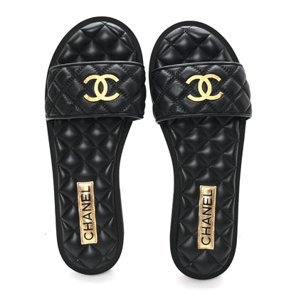 Chanel Lambskin Quilted Textured CC Mules Sandals 39 Black 2 of 9