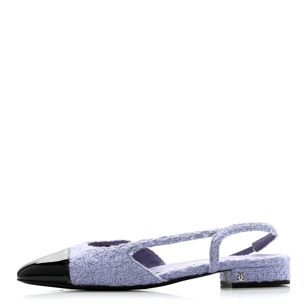 Chanel Iridescent Wool Tweed Patent Cap Toe CC Slingback Flats 39.5 Light Purple Silver Black 1 of 13