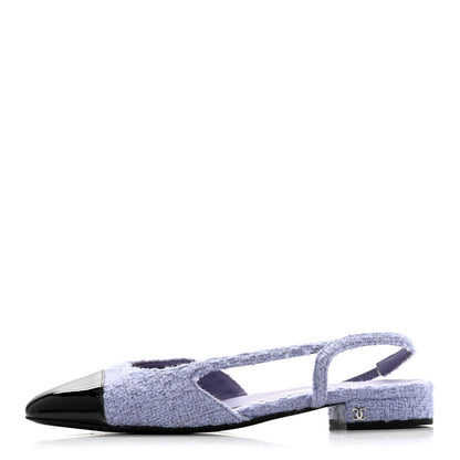 Chanel Iridescent Wool Tweed Patent Cap Toe CC Slingback Flats 39.5 Light Purple Silver Black 1 of 13