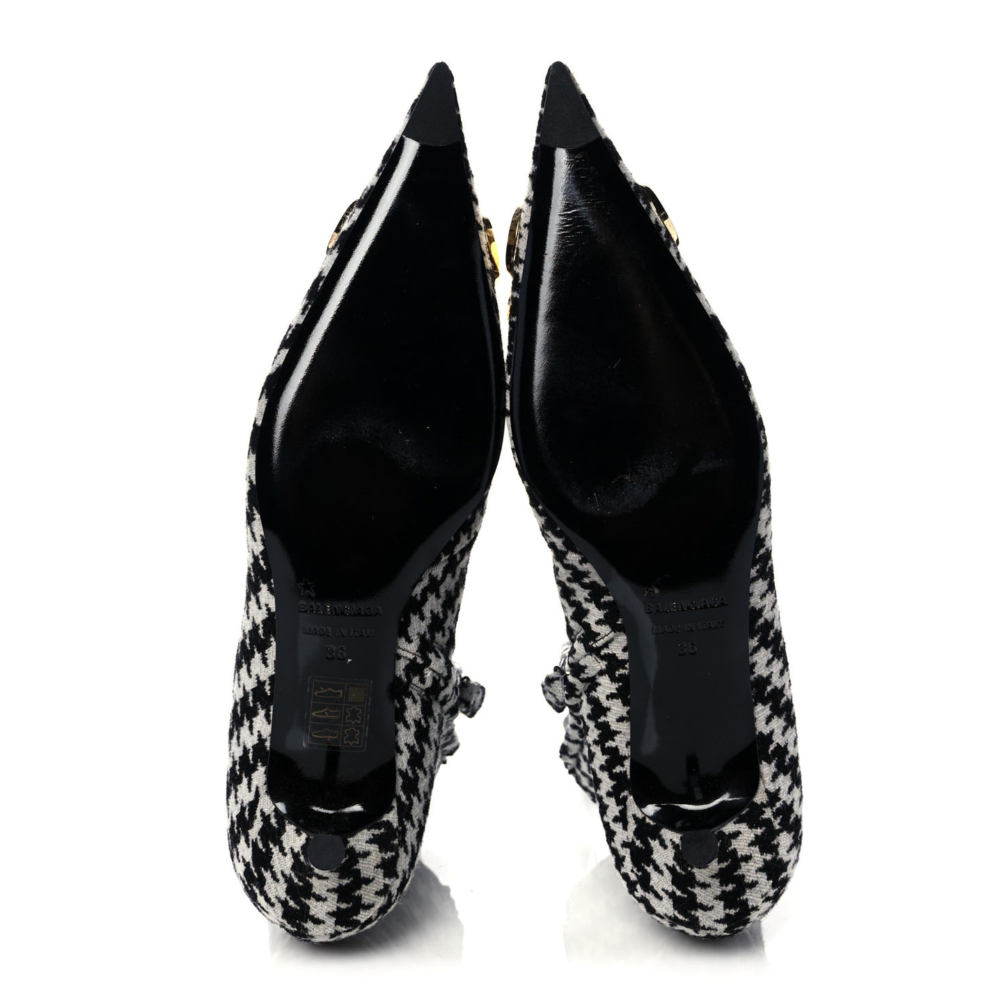 Wool Houndstooth BB Pointy Toe Ankle Booties 36 Black Ivory
