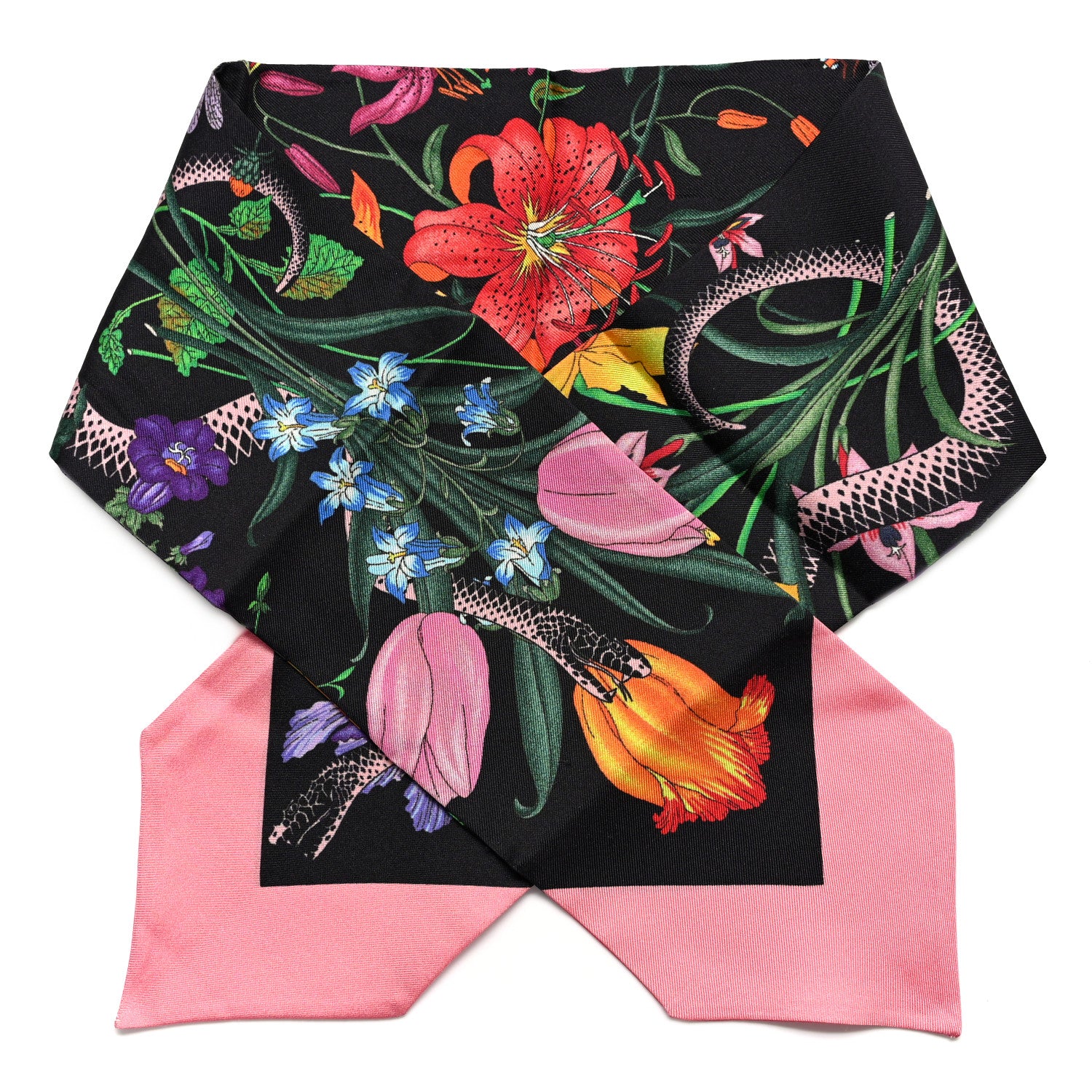 Gucci Silk Twill Flora Snake Neck Bow Scarf Black Pink 1 of 6