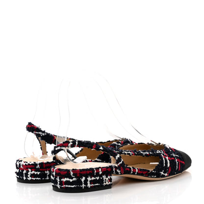 Chanel Tweed Grosgrain Cap Toe CC Slingback Flats 36.5 Navy Red White 4 of 10