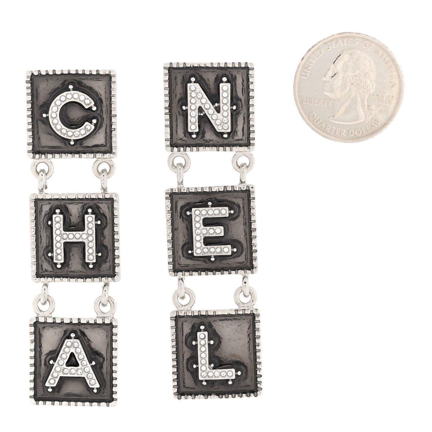 Metal Crystal Cha-Nel Logo Drop Earrings Silver