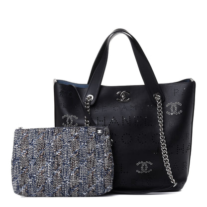 Chanel Calfskin Tweed Small Logo Eyelets Shopping Tote Black 1 of 4