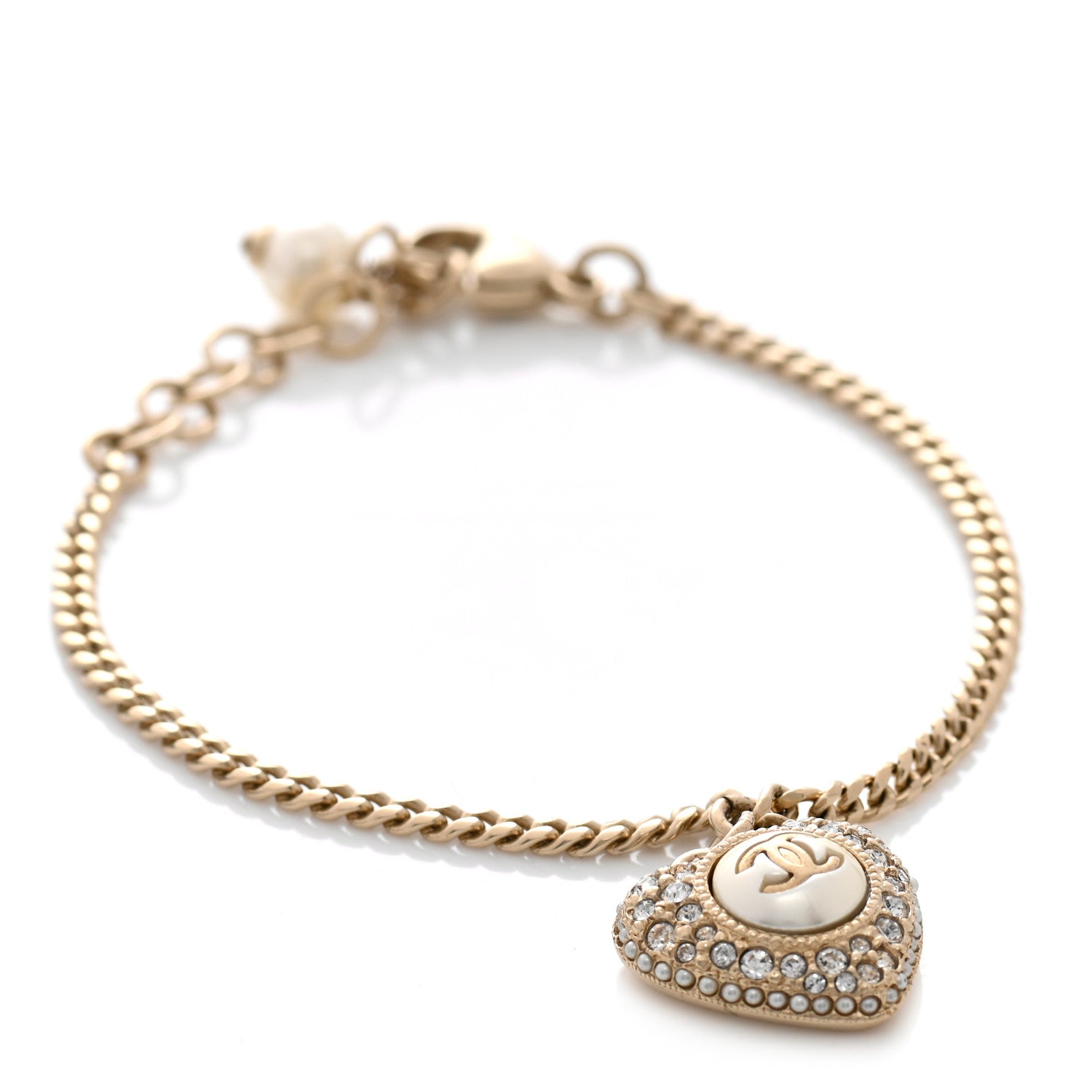 Chanel Crystal Pearl Chain Heart Bracelet Gold 1 of 5