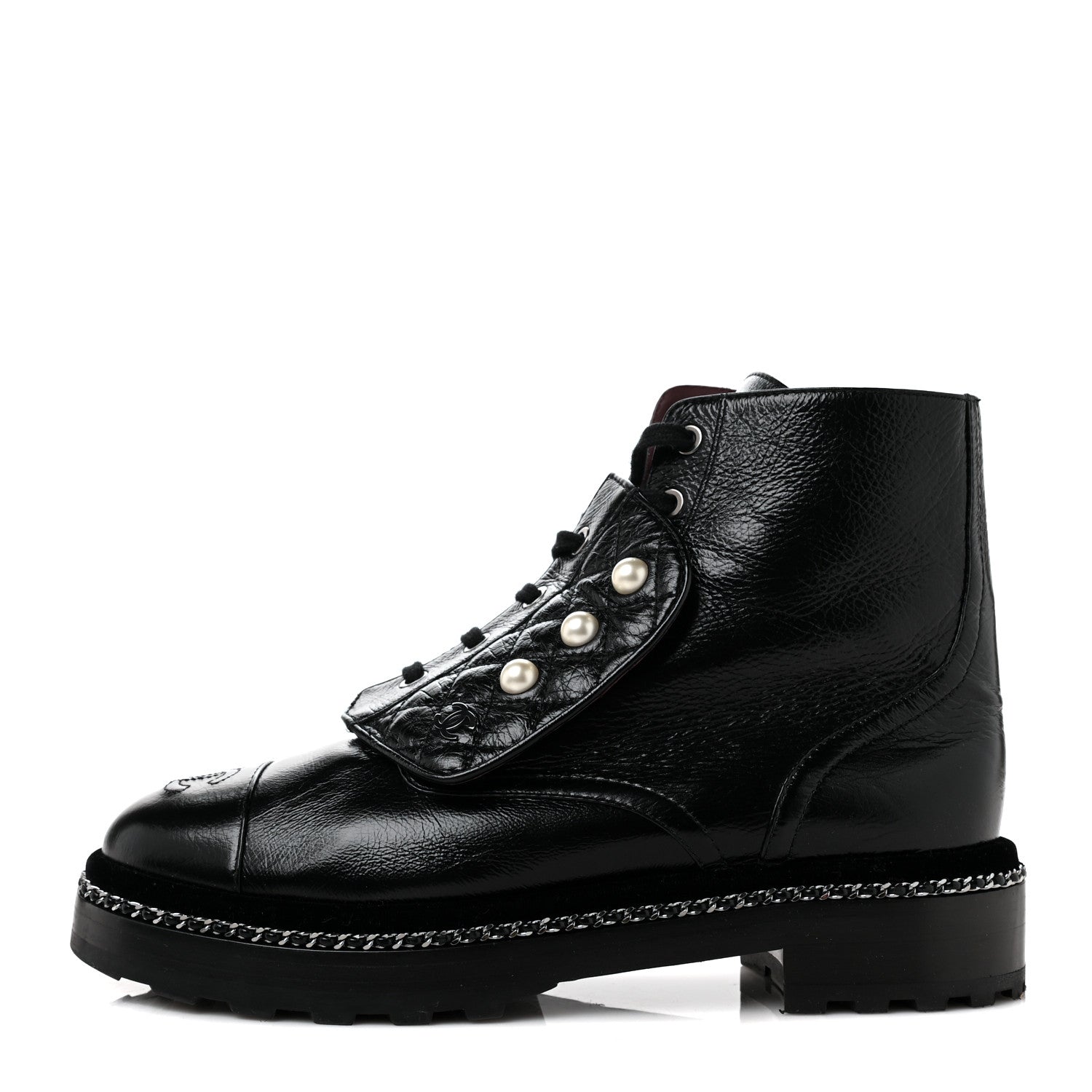 Chanel Crackled Calfskin Velvet Pearl Combat Short Boots 39.5 Black 1 of 5