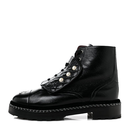 Chanel Crackled Calfskin Velvet Pearl Combat Short Boots 39.5 Black 1 of 5