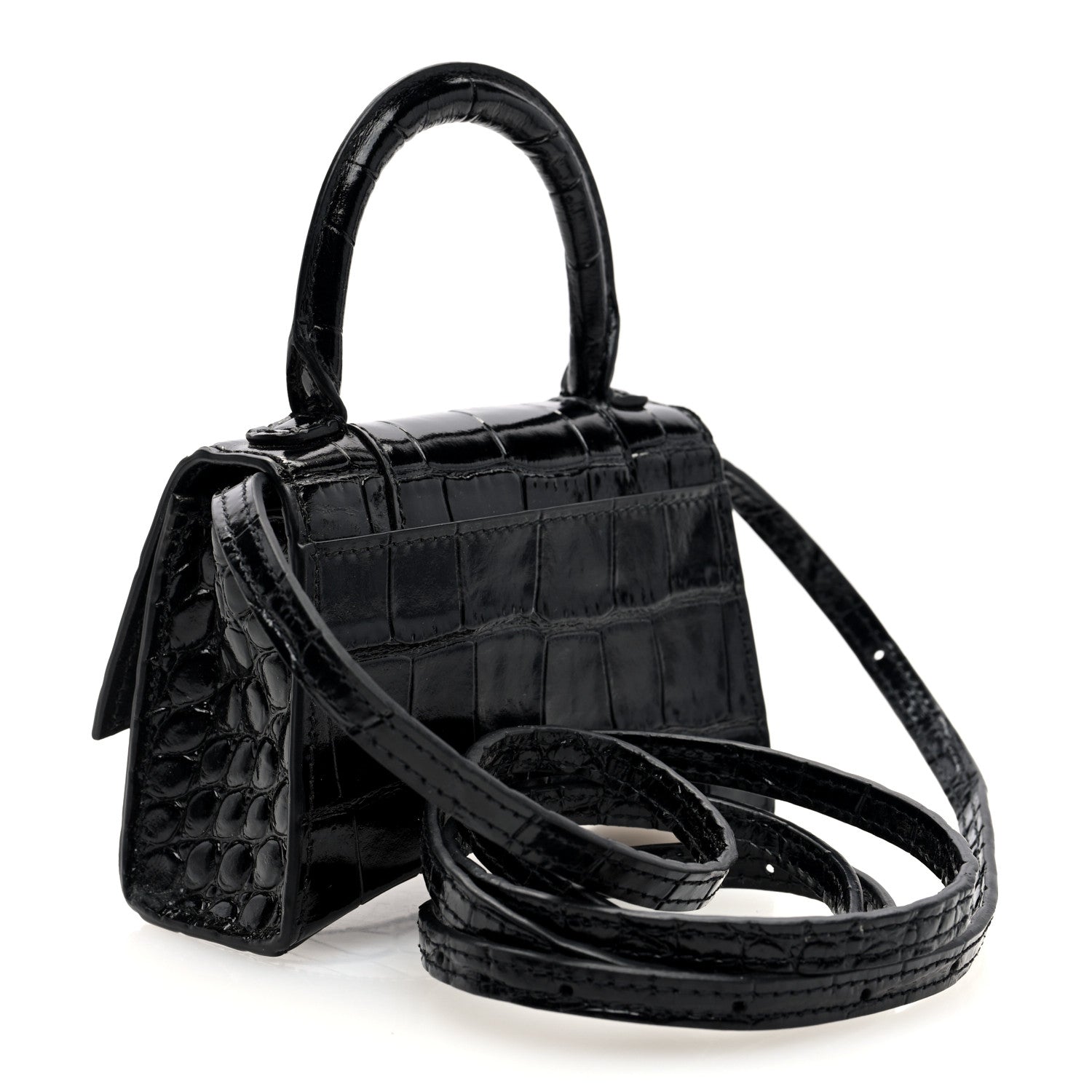 Balenciaga Shiny Calfskin Monochrome Crocodile Embossed Hourglass Top Handle Bag Mini Black 3 of 9