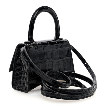 Balenciaga Shiny Calfskin Monochrome Crocodile Embossed Hourglass Top Handle Bag Mini Black 3 of 9