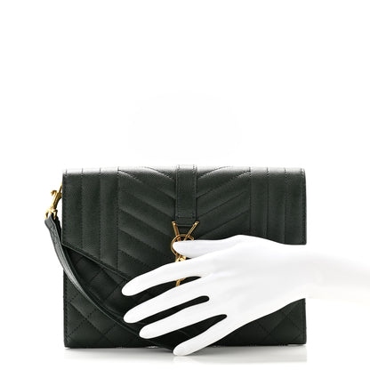 Saint Laurent Grain De Poudre Textured Mixed Matelasse Triquilt Monogram Clutch Vert Fonce 2 of 11