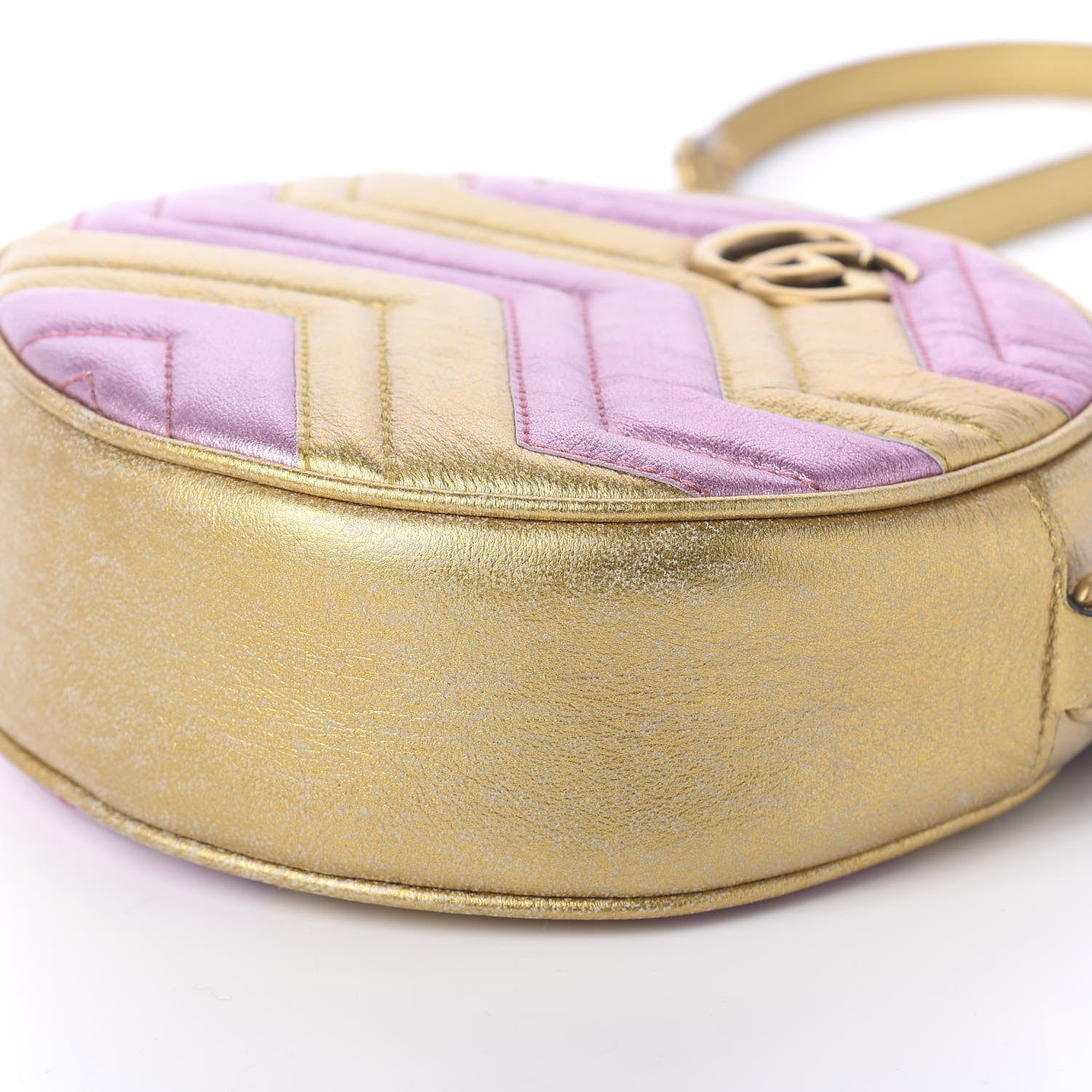 Gucci Metallic Calfskin Matelasse Mini GG Marmont Round Shoulder Bag Gold Pink 7 of 11