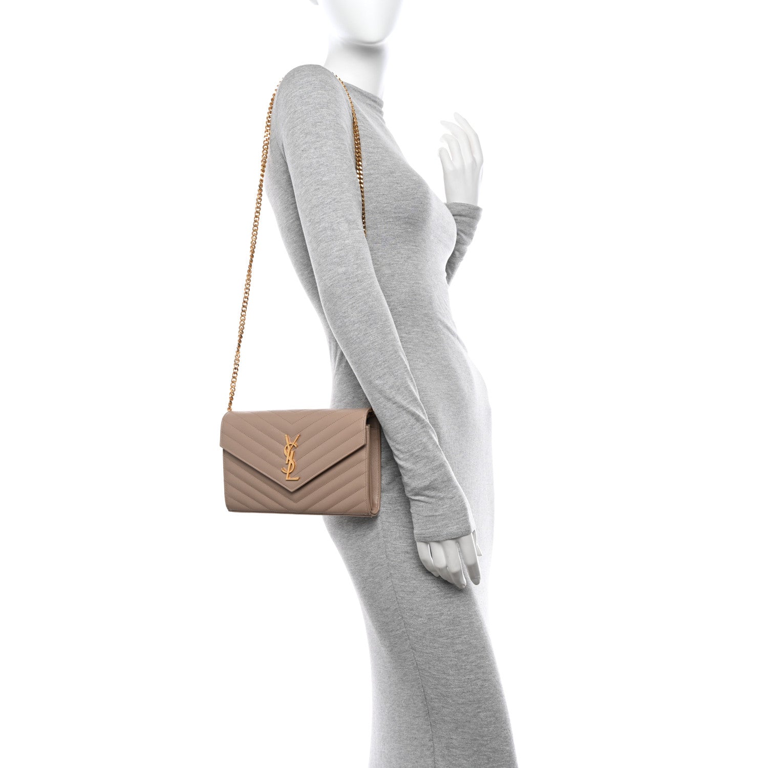 Saint Laurent Grain De Poudre Matelasse Chevron Monogram Chain Wallet Dark Beige 2 of 9