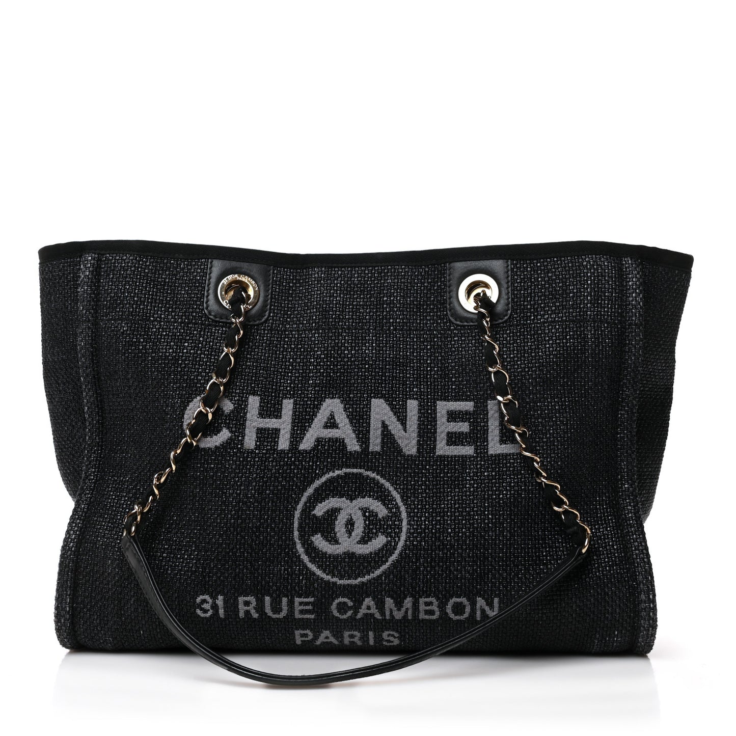 Woven Straw Raffia Small Deauville Tote Black