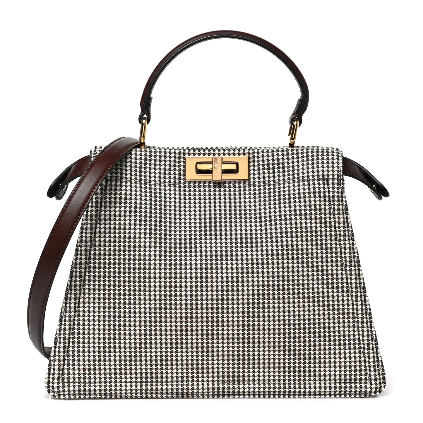 Wool Fabric Jacquard Cuoio Large Houndstooth FF 1974 Medium Peekaboo I SEE U Satchel Beige Tobacco Moro