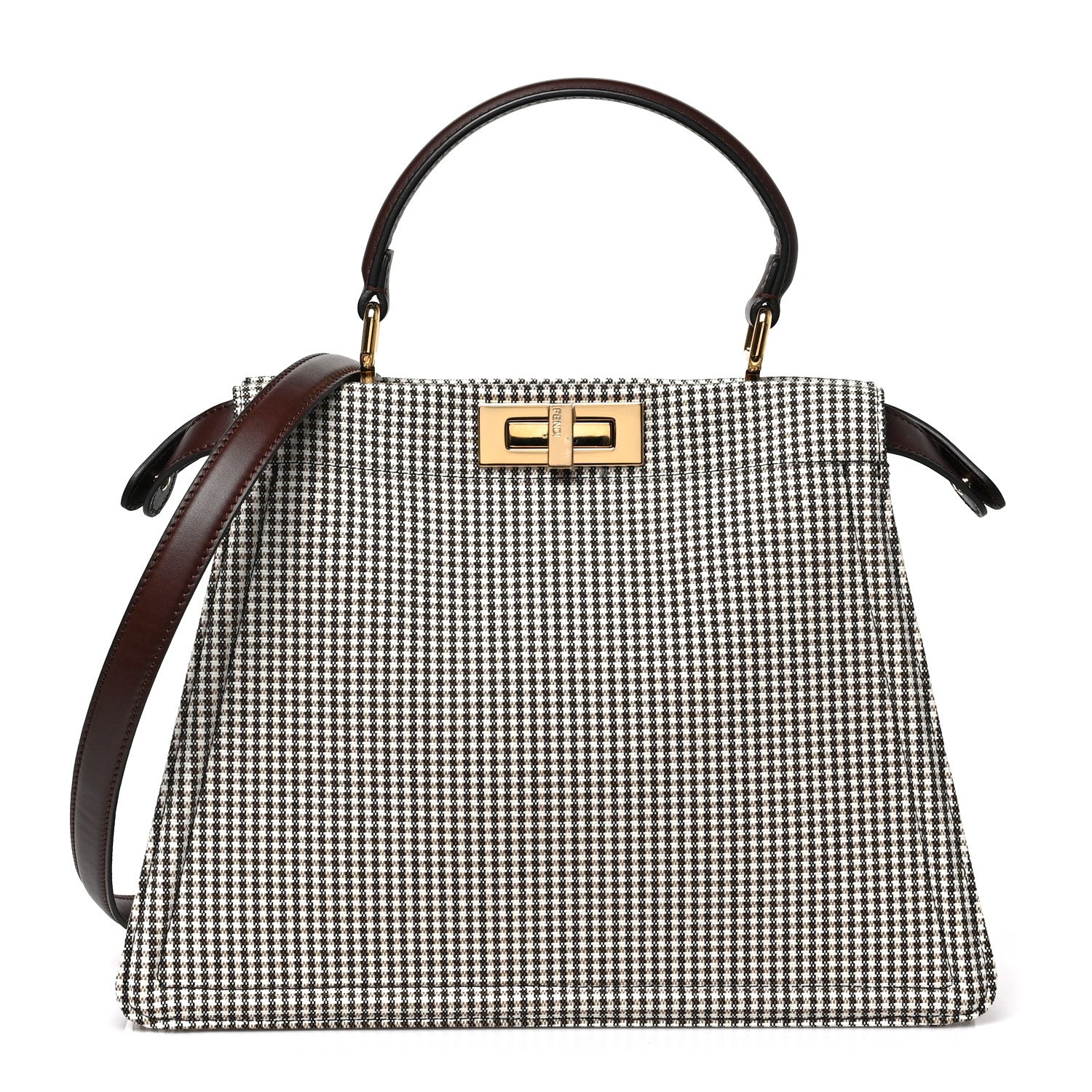 Fendi Wool Fabric Jacquard Cuoio Large Houndstooth FF 1974 Medium Peekaboo I SEE U Satchel Beige Tobacco Moro 1 of 7