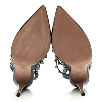 Valentino Garavani Pebbled Calfskin Turquoise Rockstud Rolling Ankle Strap 100mm Pumps 37 Black 6 of 8
