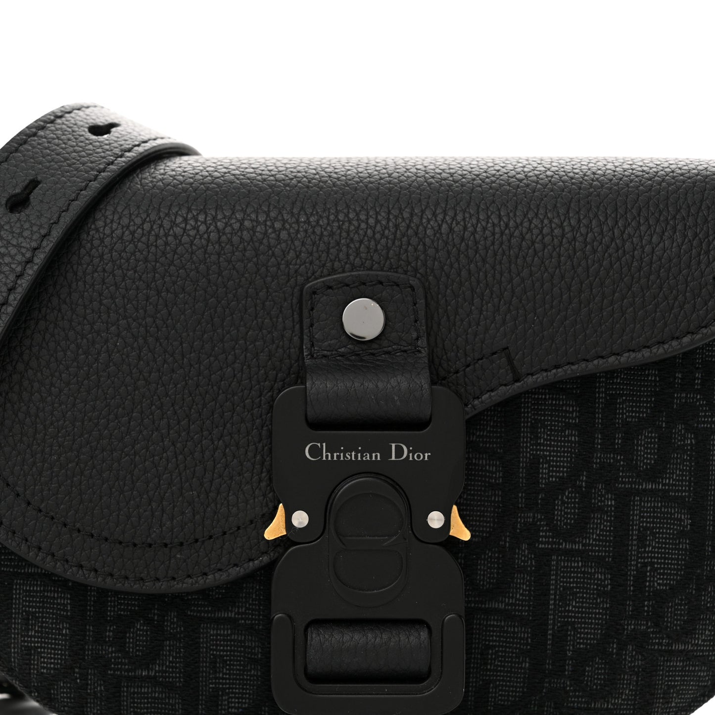 Oblique Jacquard Grained Calfskin Mini Saddle Messenger Bag With Flap Black