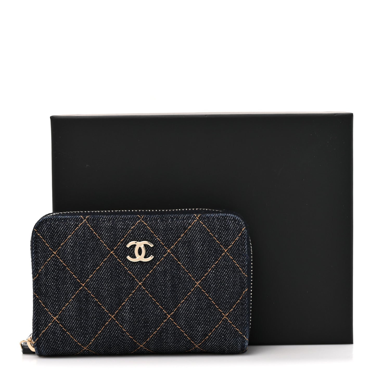Denim Quilted Zip Coin Purse Dark Blue Orange