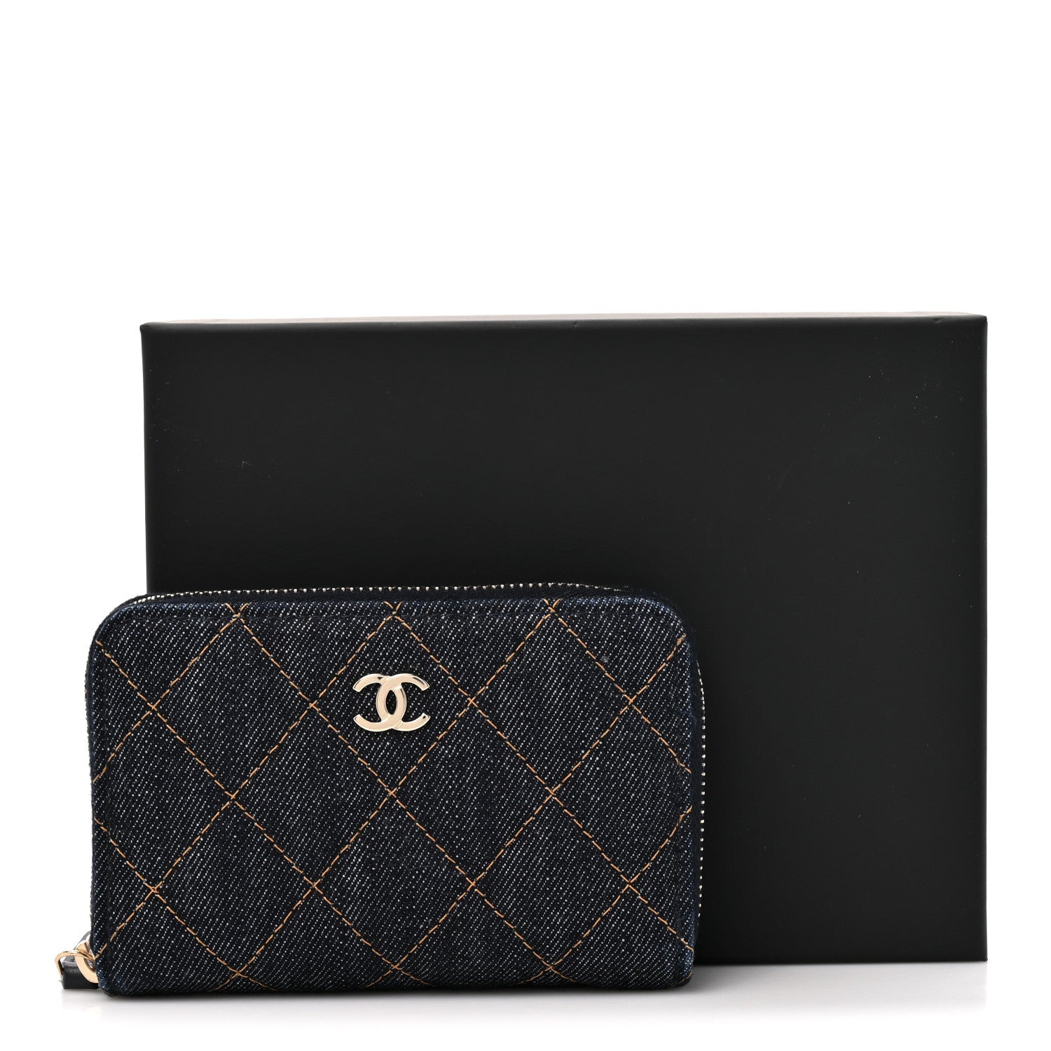 Chanel Denim Quilted Zip Coin Purse Dark Blue Orange 9 of 9