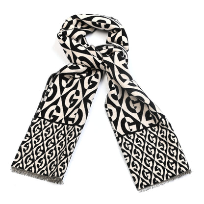 Gucci Wool Cotton Jacquard G Rhombus Scarf Black Ivory 3 of 8