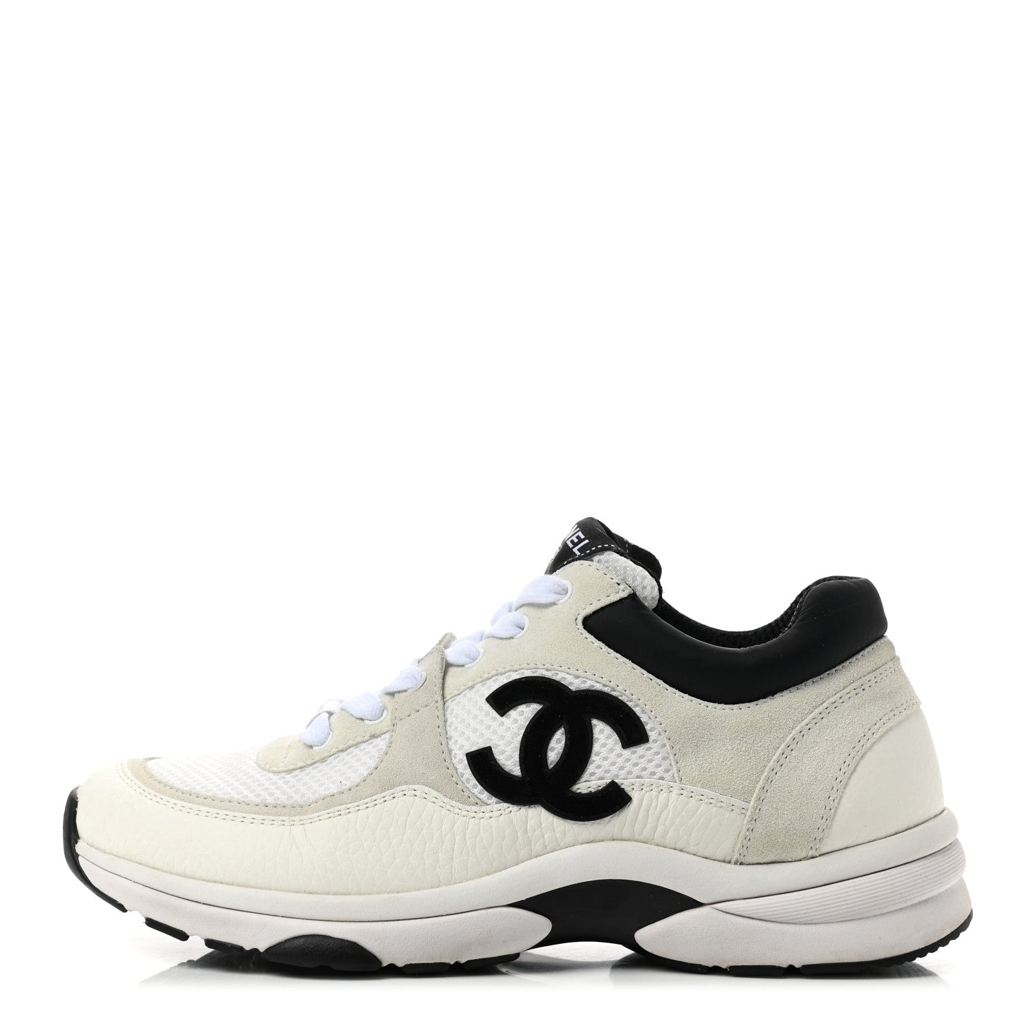 Chanel Mesh Suede Calfskin Grained Calfskin Womens CC Sneakers 39 White Black 1 of 13